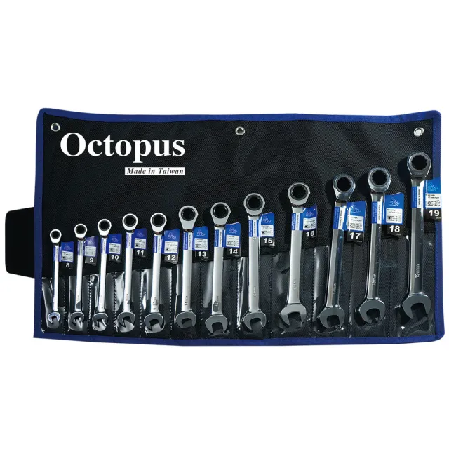 【Octopus 章魚牌】12支組 直型梅開棘輪扳手 8-19mm(台灣製造)