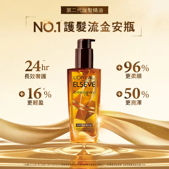 【LOREAL Paris 巴黎萊雅】黃金胜柔韌修護洗髮精/護髮素2入任選+金緻護髮補充包90ml(#大金瓶)