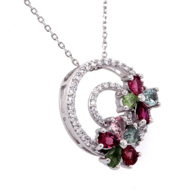 【BRILLMOND JEWELRY】1.5克拉彩色碧璽925銀花型墜(天然彩色碧璽總重1.5克拉 925銀鍍白K金)