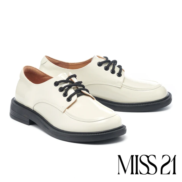 【MISS 21】懷舊經典光澤感全真皮綁帶厚底鞋(白)