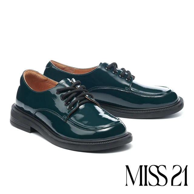 MISS 21MISS 21 懷舊經典光澤感全真皮綁帶大方頭厚底鞋(綠)