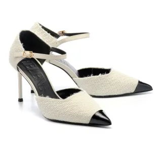 【HELENE_SPARK】高雅品味異材質拼接繫帶尖頭美型高跟鞋(白)