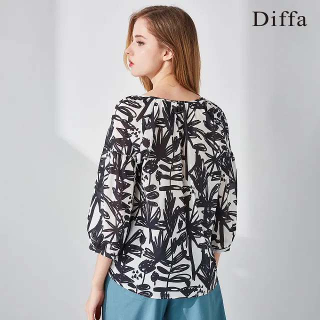 【Diffa】黑白花拉克蘭袖綁帶上衣-女