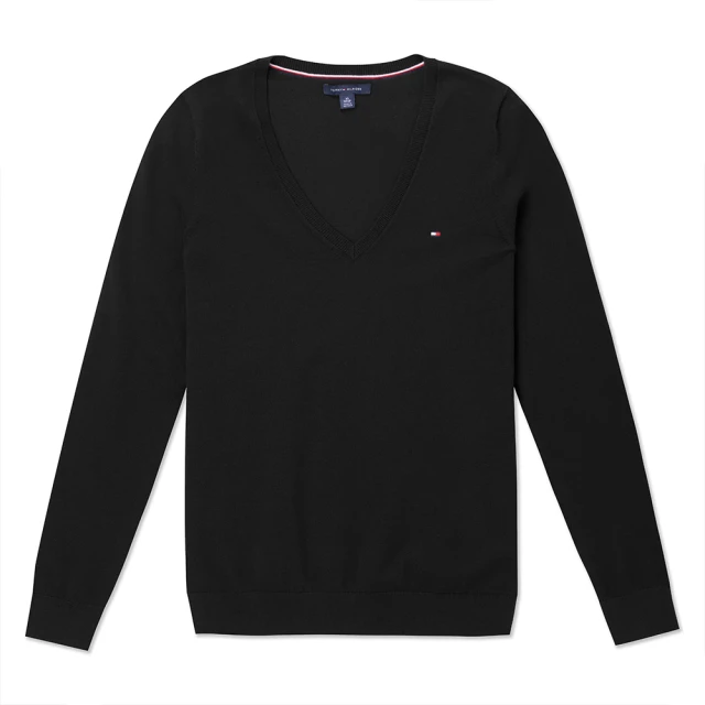 Tommy Hilfiger TOMMY 經典V領刺繡Logo毛衣 上衣-女-黑色(/平輸品/)