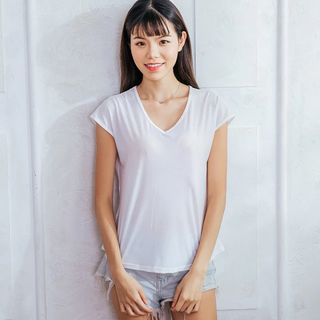 【NEONER】彈性顯瘦修身超細絲透氣包袖V領T恤-白色(透氣、短袖、外搭衣、輕薄上衣、T恤)