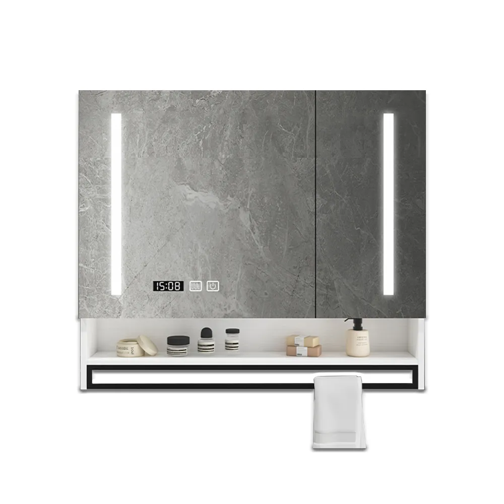 【匠藝家居】浴室鏡櫃 照明鏡櫃 浴櫃 LED燈鏡子(60公分白色 一鍵除霧 時間顯示 毛巾桿設計)
