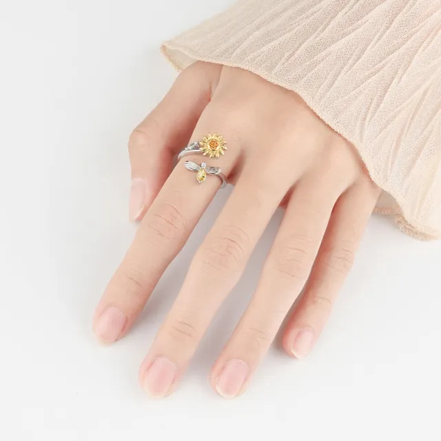 【I.Dear Jewelry】正白K-蜜蜂與花-韓國網紅款花朵旋轉紓壓鑲鑽開口銀戒指(韓劇/轉運/靈動戒指)