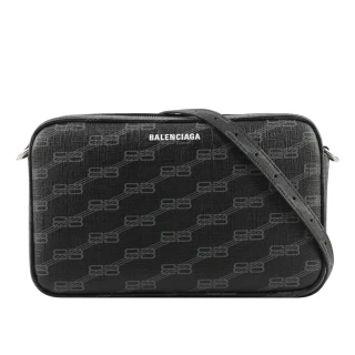 【Balenciaga 巴黎世家】Logo購物手機袋BB Monogram 塗層帆布銀字中款相機包(黑色/灰色)