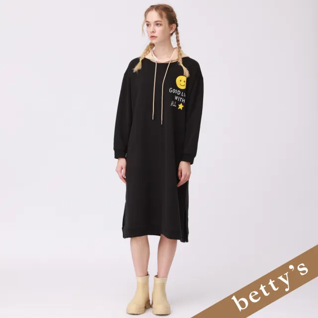 【betty’s 貝蒂思】短絨毛撞色休閒連帽洋裝(黑色)
