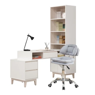 【AT HOME】書桌椅組-4尺灰白色L型收納書桌/書桌櫃/電腦桌/工作桌+升降椅 現代簡約(紀凡熙)