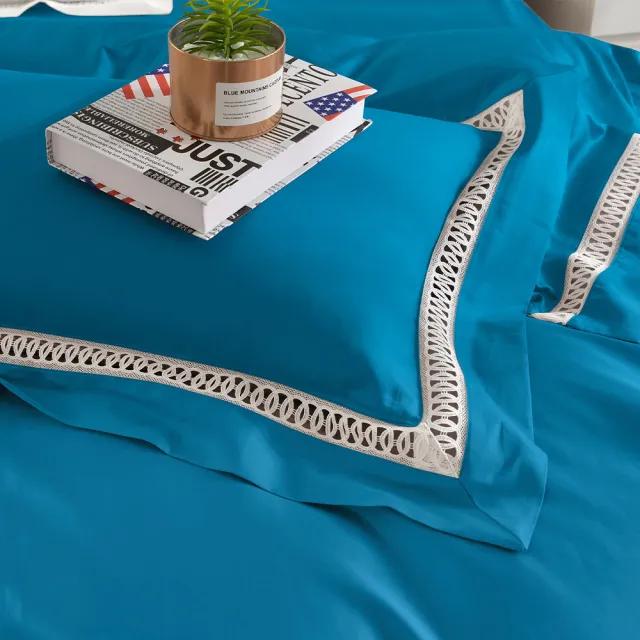 【Betrise】琉璃藍 典雅系列 特大頂級300織100%精梳長絨棉素色刺繡四件式被套床包組(被套8x7尺)