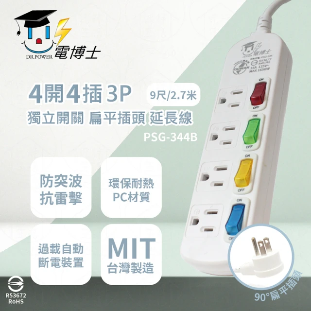 【電博士DR.POWER】台灣製造 PSG-344B 9尺 2.7米 4開4插 3P 扁平插頭 獨立開關 電腦延長線 同 電精靈延長線