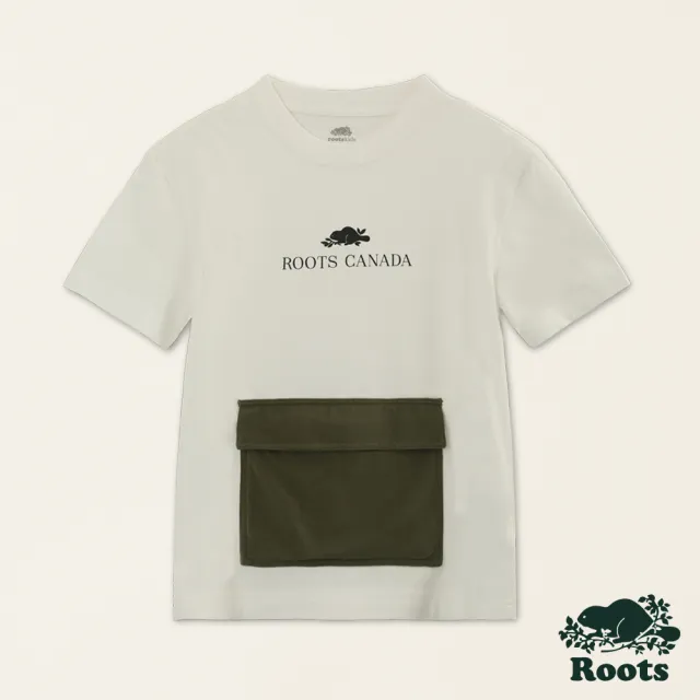 【Roots】Roots大童-舒適生活系列 大口袋文字LOGO有機棉短袖T恤(白色)