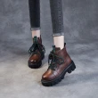 【Vecchio】真皮短靴 粗跟短靴/全真皮頭層牛皮復古撞色繫帶粗跟短靴(棕)