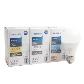 【Philips 飛利浦】4入組 LED燈泡 9W 白光 黃光 自然光 全電壓 E27 易省 球泡燈