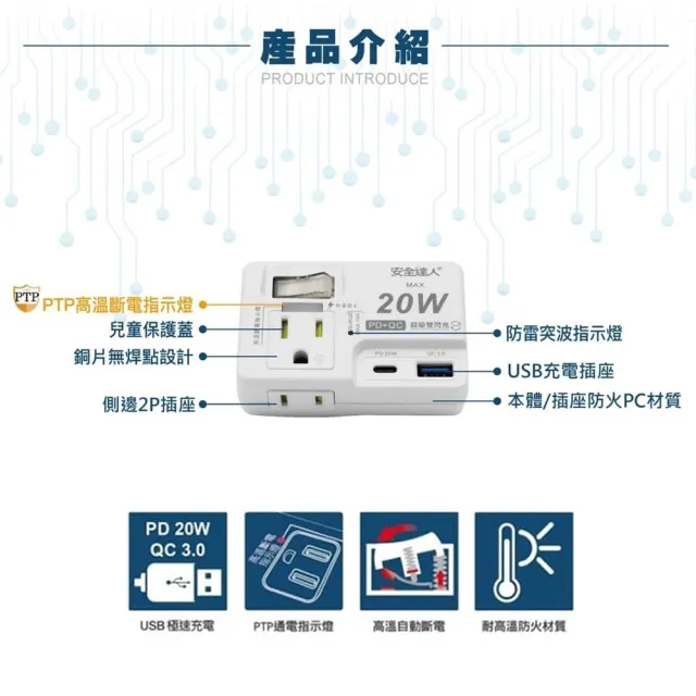 【1開2插】PD20W 高效能雙閃充 TYPE-C QC USB壁插插座 110V專用(擴充座/轉接插頭)