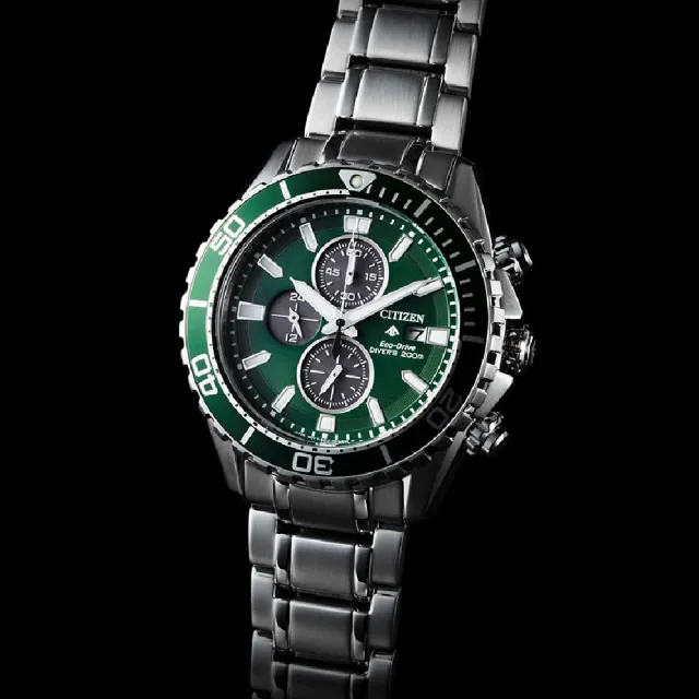 【CITIZEN 星辰】PROMASTER 光動能三眼計時時尚男士腕錶 綠面 44.5mm(CA0820-50X)