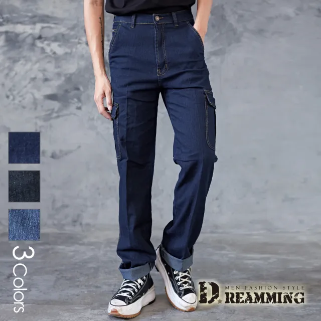 【Dreamming】硬派美式多口袋伸縮中直筒牛仔褲 工裝褲 抗撕裂(共三色)