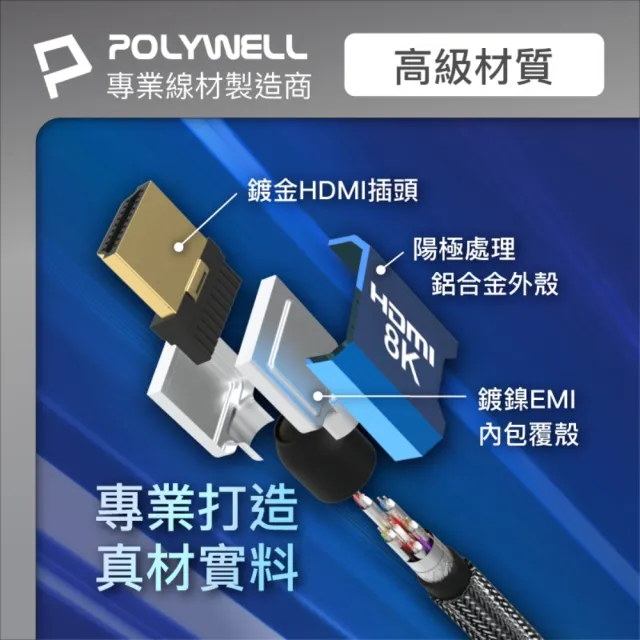 【POLYWELL】HDMI 8K 2.1認證線 /藍色 /3M