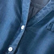 【MsMore】天絲薄款牛仔七分袖V領修身顯瘦中長版襯衫上衣#110117(深藍)
