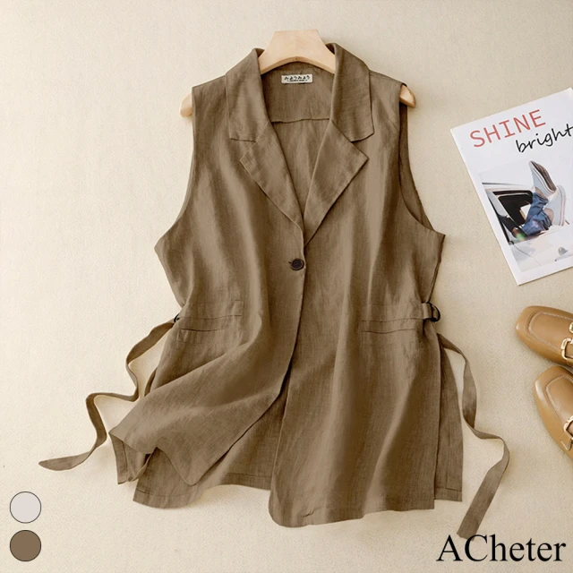 【ACheter】夏季新款大碼棉麻中長款薄無袖西裝式背心外搭寬鬆罩衫#117487(卡其/杏)