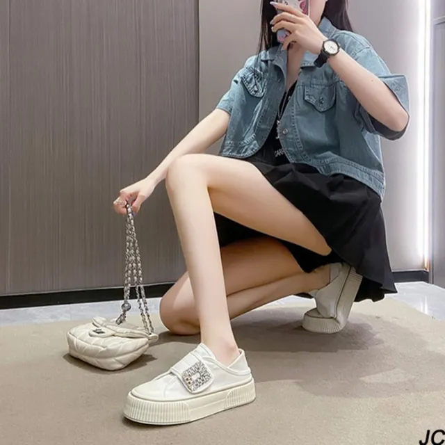 【JC Collection】帆布圓頭舒適厚底水鑽魔鬼貼鬆糕休閒帆布鞋(白色)