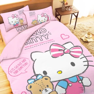 【享夢城堡】精梳棉雙人床包兩用被套四件組(HELLO KITTY 幸福小熊-粉)