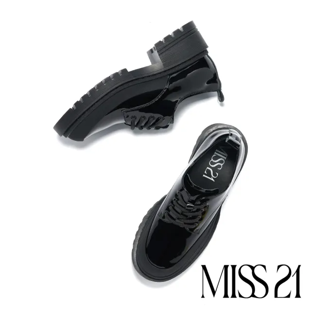【MISS 21】率性復古牛漆皮撞色拼接綁帶厚底鞋(黑)