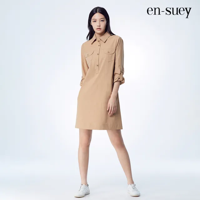 【en-suey 銀穗】半開襟個性壓線雙口袋洋裝-女