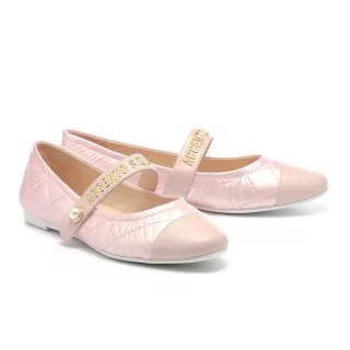 【AS 集團】率性優雅LOGO珍珠繫帶拼接格紋布瑪莉珍平底鞋(粉)