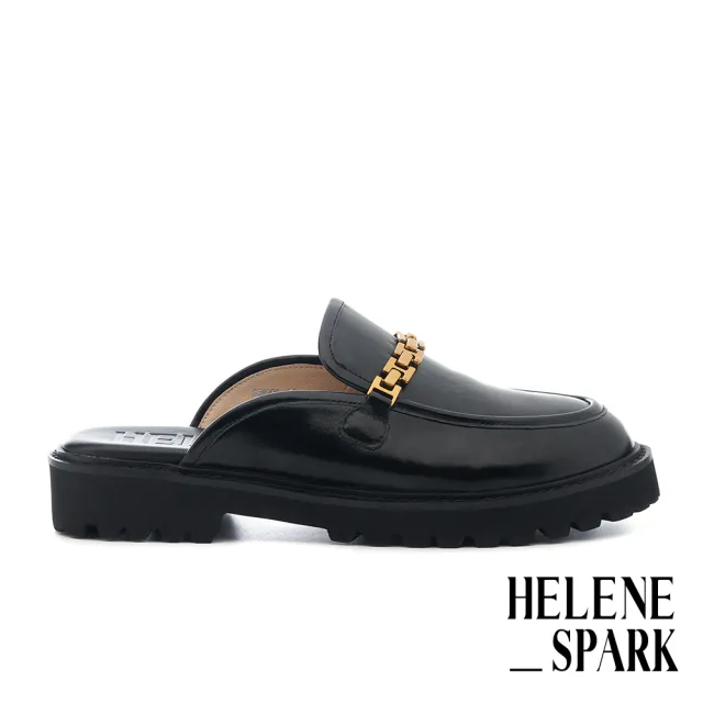 【HELENE_SPARK】復古時尚H鍊條牛油皮穆勒厚底拖鞋(黑)