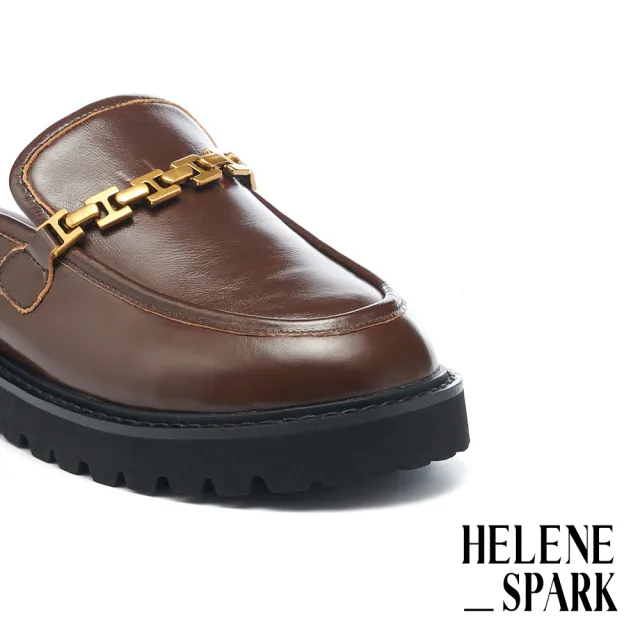 【HELENE_SPARK】復古時尚H鍊條牛油皮穆勒厚底拖鞋(棕)