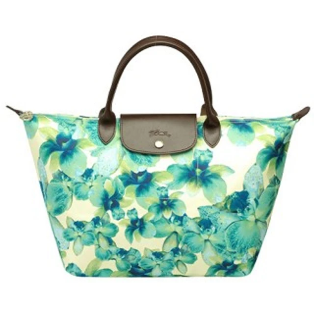 【LONGCHAMP 】春夏新款鮮豔蘭花花卉短把水餃包(中-藍綠色-1623536-249)