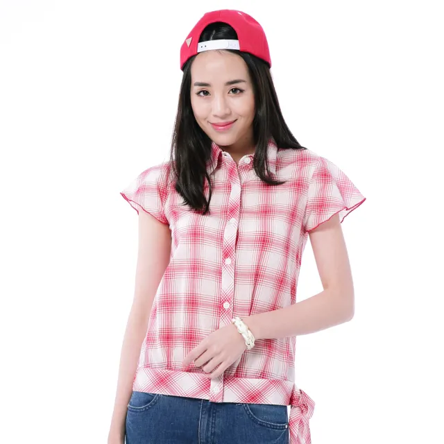 【BOBSON】女款格紋腰綁帶短袖襯衫(紅13)
