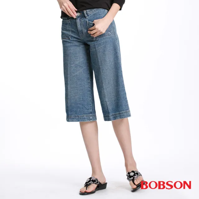 【BOBSON】女款低腰粗結紗七分褲(藍112-58)