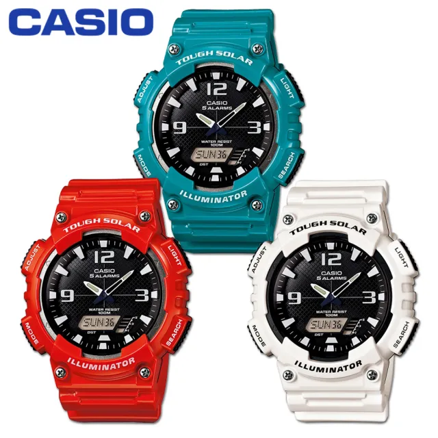 【CASIO 卡西歐】艷彩系列/太陽能指針-數位雙顯錶/藍綠/橘紅/白色(AQ-S810WC)