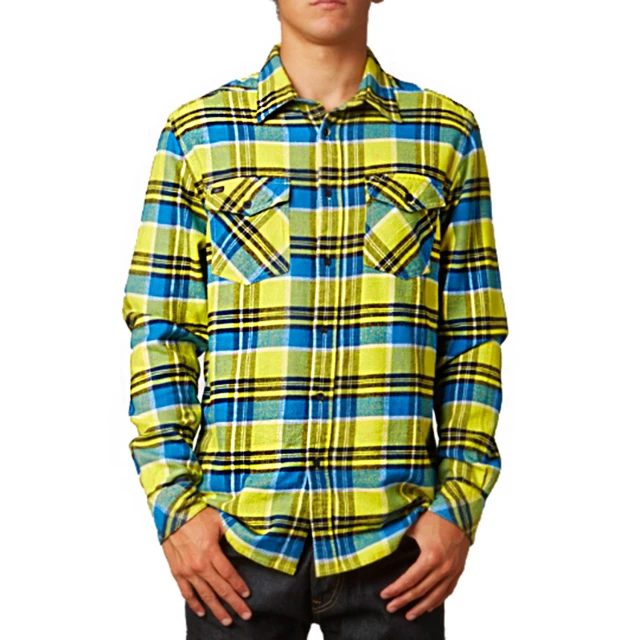 【摩達客】美國進口知名時尚休閒品牌Fox  黃藍方格紋長袖襯衫