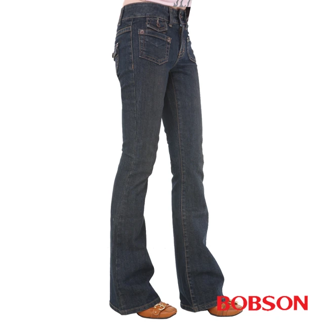 【BOBSON】女款低腰貼口袋中喇叭牛仔褲(藍53)