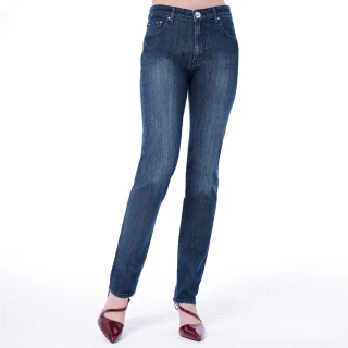 【BOBSON】女款高腰刺繡鑽飾小直筒褲(藍8101-52)