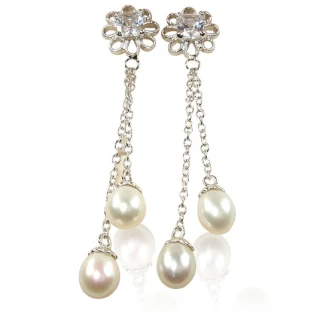 【小樂珠寶-】漂亮天然珍珠耳環全美皮光如鏡面完美(雙珠Y字垂墜耳針款)