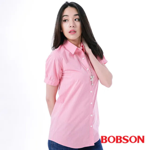 【BOBSON】女款素面長版短袖襯衫(粉24131-13)