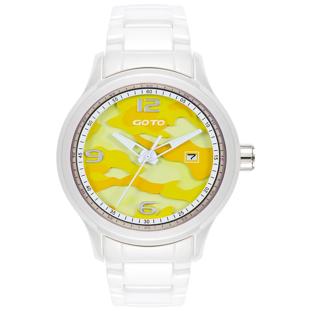 【GOTO】NO.7迷彩系列時尚腕錶-白x黃(GC0289M-22-2Y1)