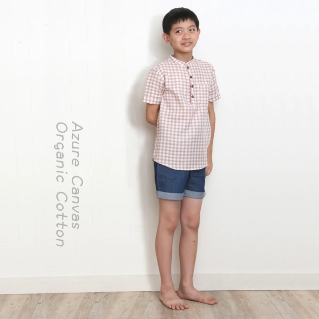 【azure canvas藍天畫布】100%有機棉/ 男童柔紗格子襯衫150-160cm(褐色)