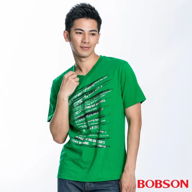 【BOBSON】男款V領印圖短袖上衣(綠22027-40)