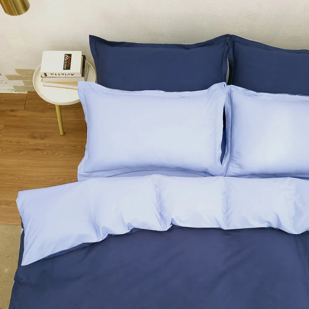 【LUST】素色簡約 極簡風格/雙藍【四件組B】100%純棉/雙人加大6尺床包/歐式枕套X2 含薄被套X1(台灣製造)