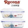 【Recona】長型分隔耐熱玻璃保鮮盒1400mlx2入+贈便當袋x1/便當盒/保鮮盒(3件隨機出貨)