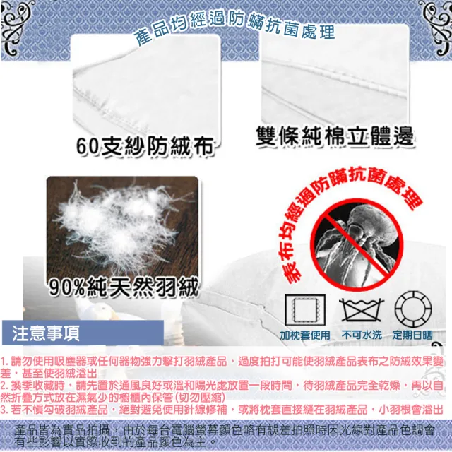 【凱蕾絲帝】台灣製造2入-90%純羽絨帝王級羽絨枕(立體純棉60支紗防絨布)