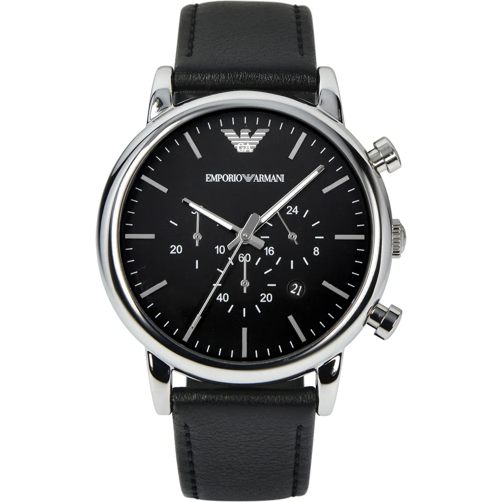 【EMPORIO ARMANI】Classic 城市時尚三眼計時手錶-黑/46mm 畢業禮物(AR1828)