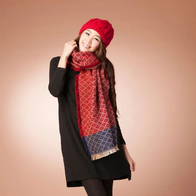 【雪莉亞】日系方格流蘇針織圍巾式披肩(紅拼藍)