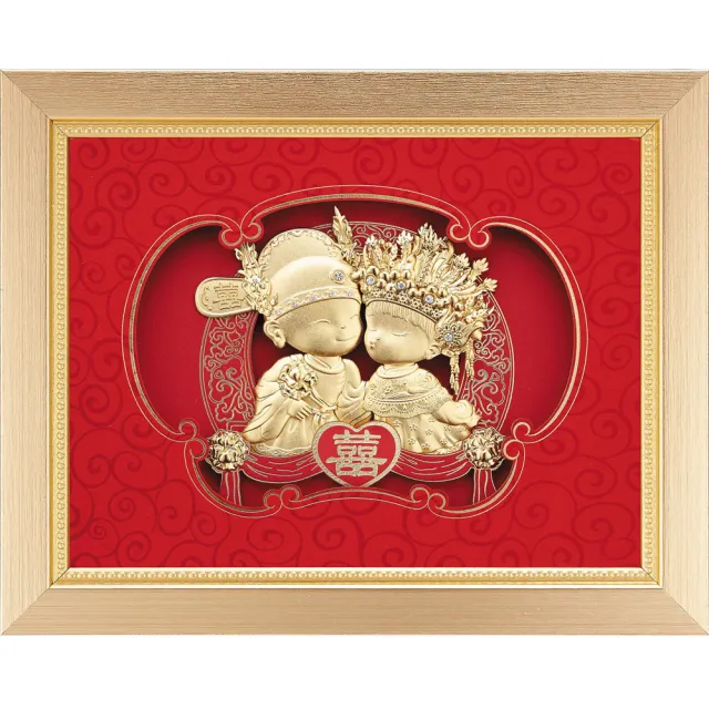 【開運陶源】純金 金箔畫 -百年好合 雙喜臨門(小雙喜娃娃 25x20cm)